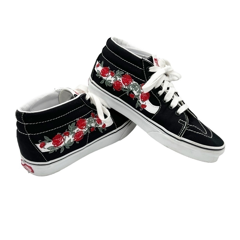 EUC Vans | SK 8-Mid Sneakers Black Embroidered Rose Size 8 Men or 9.5 Women